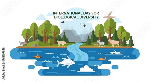 An illustration celebrating the International Day for Biological Diversity with a vibrant ecosystem