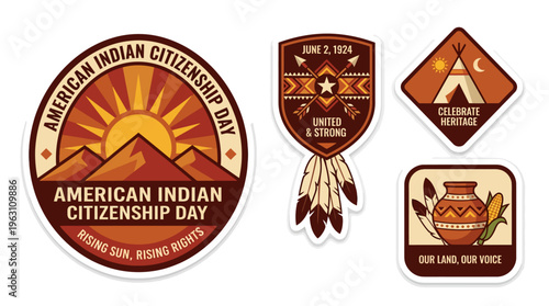 American Indian Badges Set, Tribal Symbols, Sun, Mountains, Teepee, Citizenship Day, Heritage, Culture, Flat Design, Earthy Tones Vector Illustration