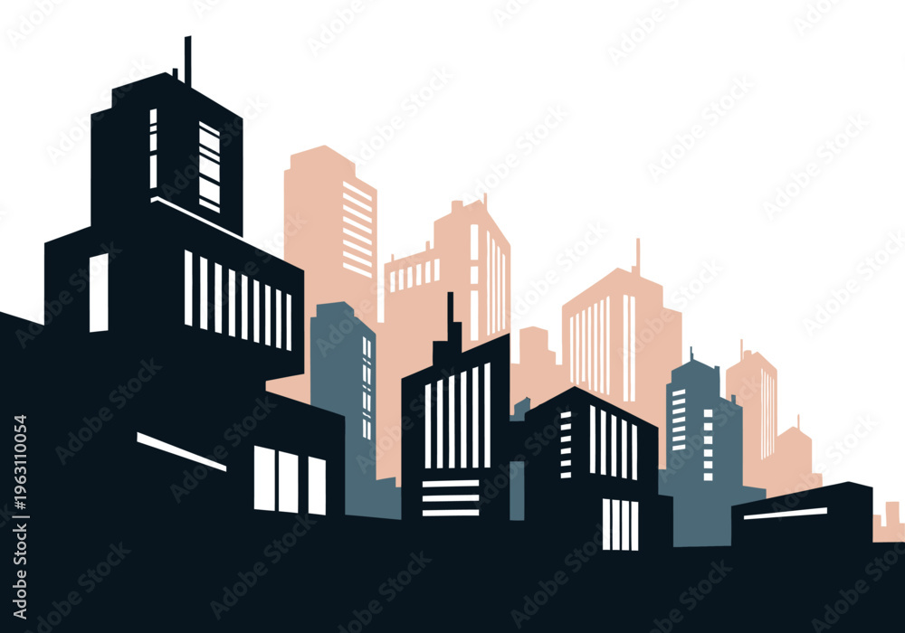 Fototapeta premium Modern cityscape features stacked building shapes in vector style