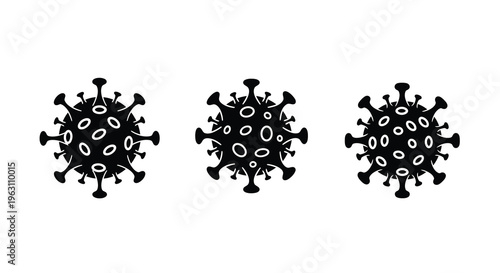 Three coronavirus shapes displayed in a stark black graphic silhouette