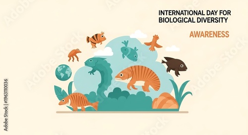 A colorful illustration of various animals and plants to raise awareness for International Day for Biological Diversity