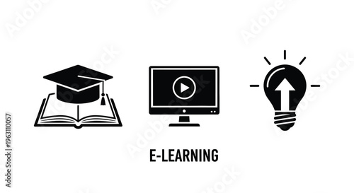 Education icons representing graduation online learning and ideas silhouette