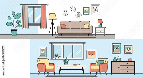 Comparison of two modern living room interior designs with stylish furniture including sofas, armchairs, windows, and lamps for home decor.