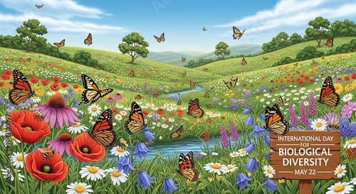 A vibrant illustration of a butterfly-filled meadow celebrating International Day of Biological Diversity