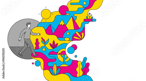 Man walking a colorful abstract nature path with mountains & sun, representing journey, progress & exploration, in modern flat CMYK vector illustration with copy space.