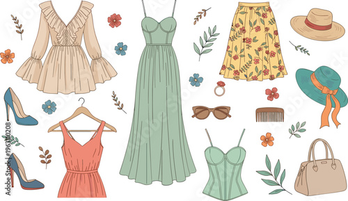 Fashionable Clothing and Accessories Set with Dresses, Shoes, Hats, and Sunglasses for Women's Fashion Illustrations