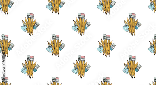 Charming seamless pattern featuring repeating clusters of yellow pencils and blue erasers on a clean white background for school supplies.