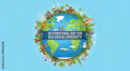The Earth surrounded by diverse wildlife and plants on International Day for Biological Diversity