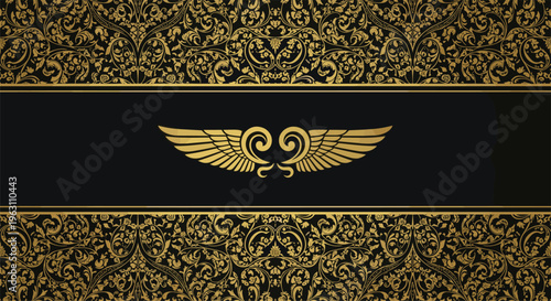 Ornate golden winged emblem centered on a dark horizontal band over a complex gold damask pattern background for luxury branding and awards.