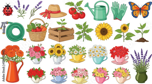 Gardening and Floral Set with Sunflowers, Roses, Ladybug, Watering Can, and Plants for Nature Illustrations and Spring Designs