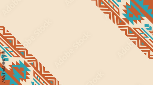 Tribal Geometric Pattern Decorative Corner Borders Empty Space Cultural Fashion Textile Background Flat Vector Terracotta Teal Beige Colors Editable EPS Scalable