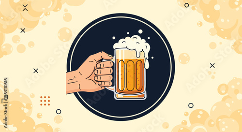 Graphic illustration of a hand holding a large glass mug of golden beer with a thick white foam head on a decorative bubbled background.
