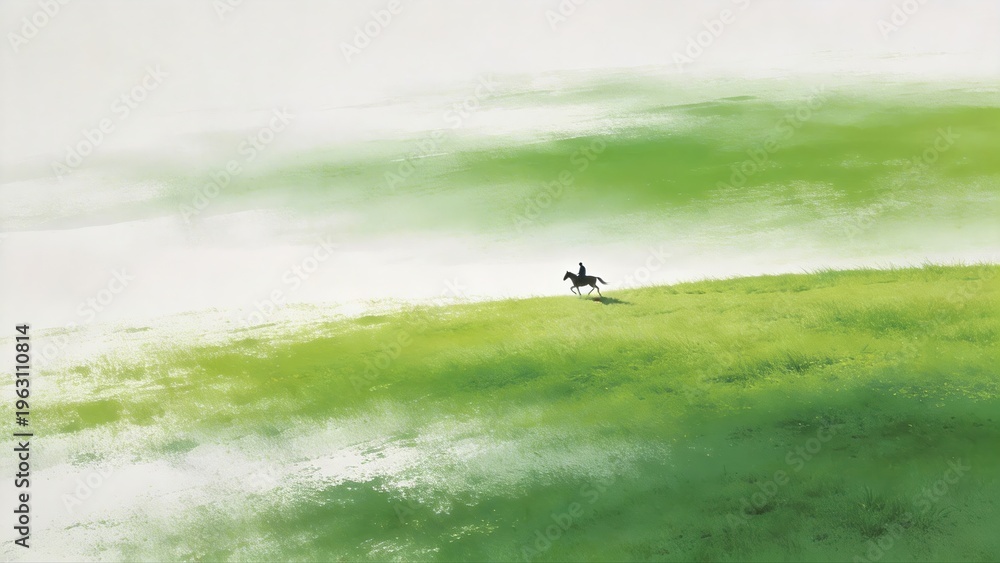 Fototapeta premium Person riding horse on green hill