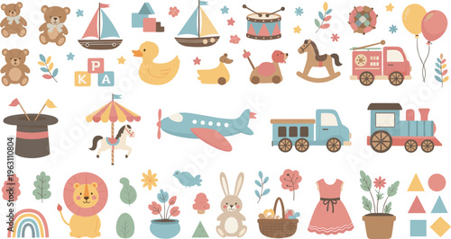 Vintage Toy and Playful Animal Set with Bears, Boats, Balloons, Train, and Fun Shapes for Kids’ Illustrations and Nursery Designs