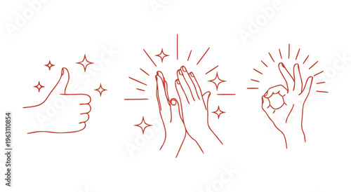 Set of Hand Gesture Icons Vector Illustration Thumbs Up, Clapping Hands, and Okay Sign in Red Outline Style