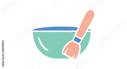 Teal bowl with blue interior and paintbrush in minimalist flat design for art supplies