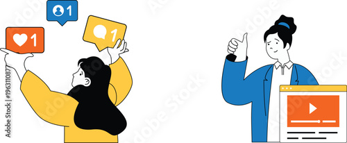 People engaging with social media content and a video presentation receiving positive feedback