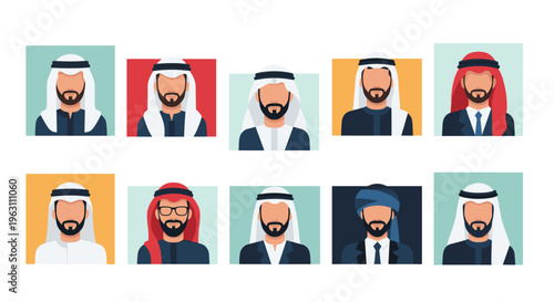 Collection of ten diverse male avatars representing different styles of Arab men with traditional headwear and business attire for profiles.