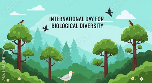 An illustration celebrating the International Day for Biological Diversity with a vibrant forest scene