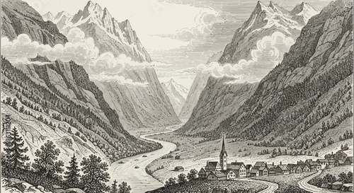 Vintage Engraving of a Mountain Village in a River Valley