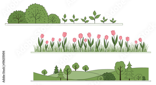 Collection of three horizontal garden strips featuring green bushes, young plants, a tulip flower bed, and a rolling landscape with trees.