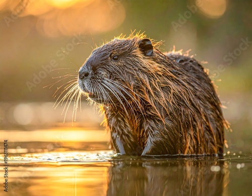 beaver Castor fiber  in water during golden hour sunset