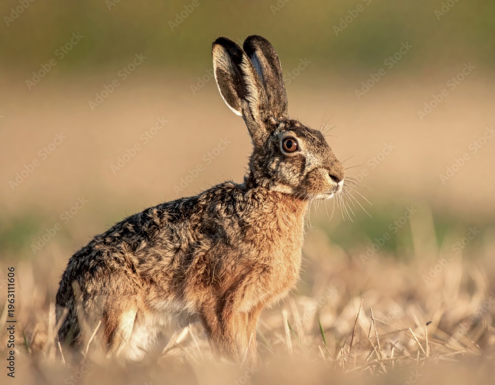 Obraz premium European hare standing watchful in a dry meadow at sunset