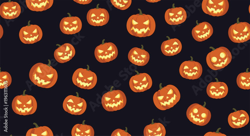 Spooky seamless Halloween pattern featuring various glowing orange jack-o'-lantern pumpkins with different faces on a dark night background.
