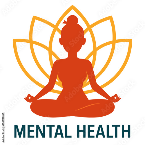 Silhouette of woman meditating in lotus pose with lotus flower, mental health awareness vector illustration
