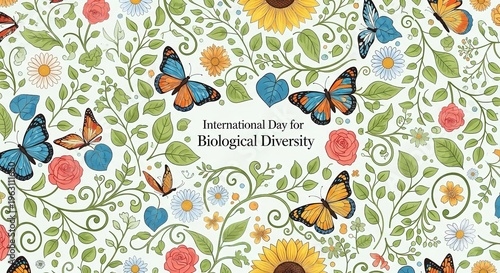 A colorful floral pattern celebrating International Day for Biological Diversity with butterflies and flowers