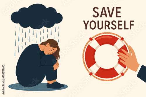Sad woman under rain cloud receiving lifeline from helping hand, mental health vector illustration