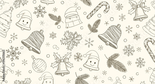 Christmas seamless pattern with hand drawn festive elements like bells snowflakes candy canes and santa hats on beige background.