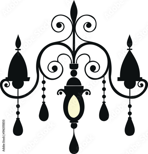 Ornate black iron wall sconce with teardrop accents and cream center