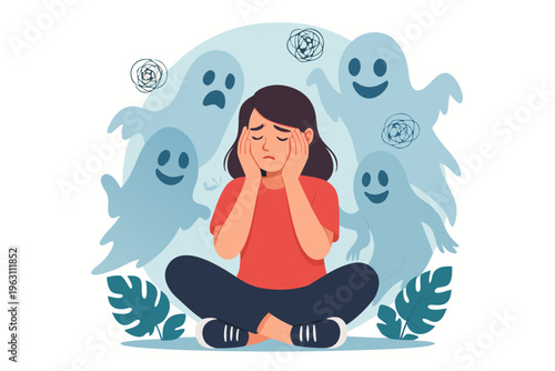 A cartoon woman experiencing anxiety surrounded by ghosts and leaves