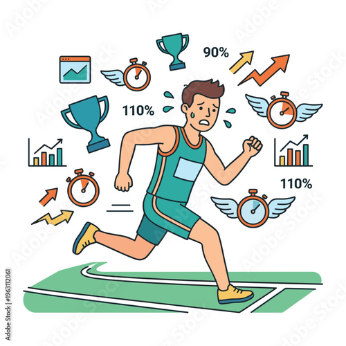 Man running on track with performance metrics and trophies surrounding him in motion