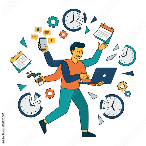 A busy person multitasks with laptop, phone, and calendar in an office environment.