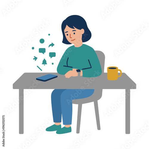Woman sitting at a desk working on her phone with a laptop and coffee