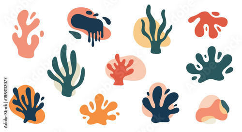 Vibrant abstract shapes resembling coral and seaweed in orange green and blue hues float freely on plain surface