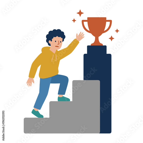 A person steps up to claim a shining trophy on a pedestal.