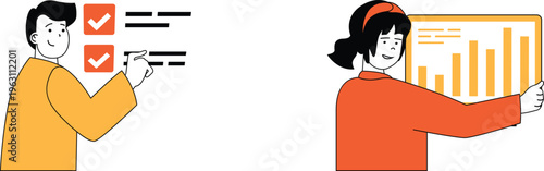 Collaborative teamwork between colleagues analyzing data and checking off task completion together happily