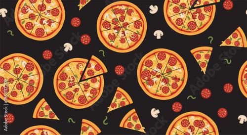 Fun seamless pattern featuring whole pizzas and single slices with pepperoni and mushrooms on a dark background.
