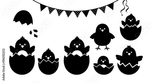 Adorable black silhouette chicks hatching from eggs with festive banner.