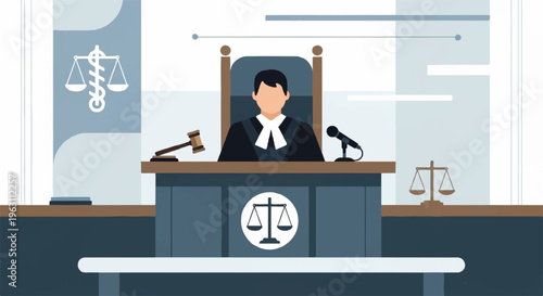 Judge sitting at a desk with a gavel and scales in a courtroom setting with a medical symbol on the wall