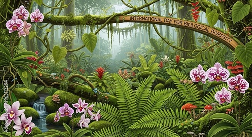 A lush and vibrant rainforest scene celebrating International Day for Biological Diversity with a variety of plants and flowers.