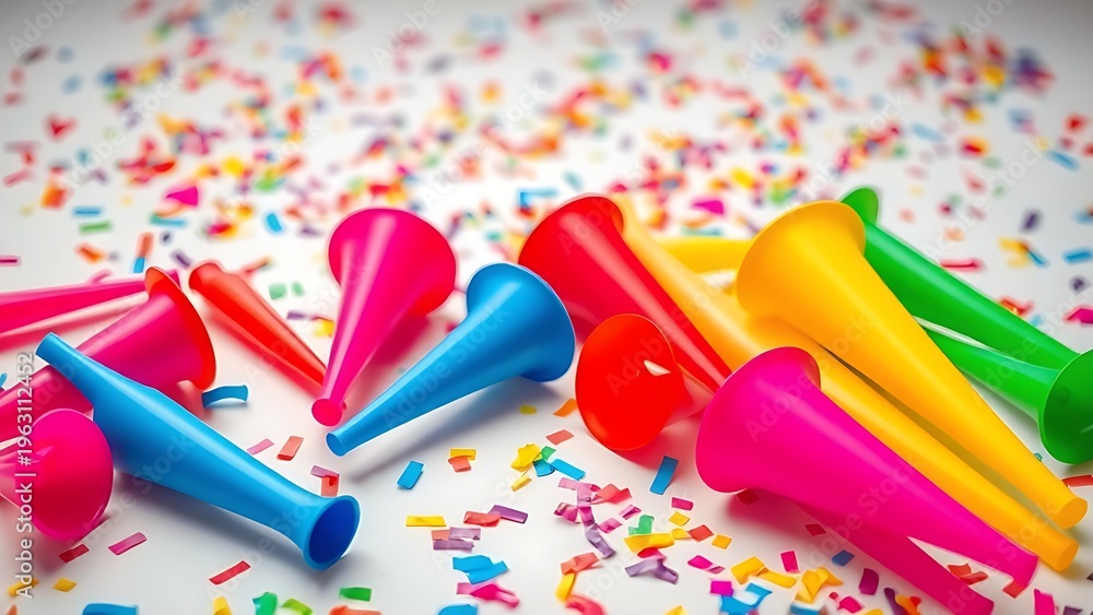 Fototapeta premium horns. Colorful party horns scattered on bright table with festive confetti background. lifestyle magazines, social media lookbooks, designed for influencer and brand collaborations.