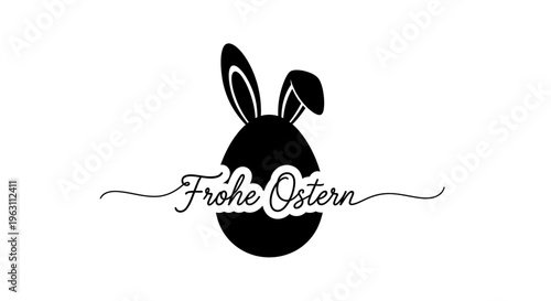 Black Easter Egg with Bunny Ears and German Text Frohe Ostern.
