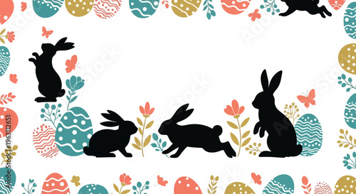 Silhouettes of Easter bunnies in various playful poses, celebrating the holiday.