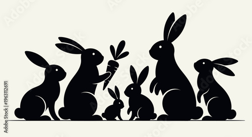 A group of black rabbit silhouettes, including adults and young, with one holding a carrot.