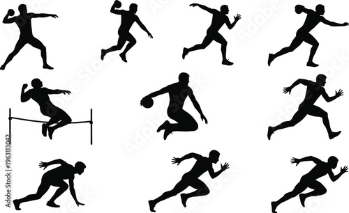 Athlete action silhouettes set featuring running jumping throwing and hurdling dynamic sports poses vector illustration isolated on white background