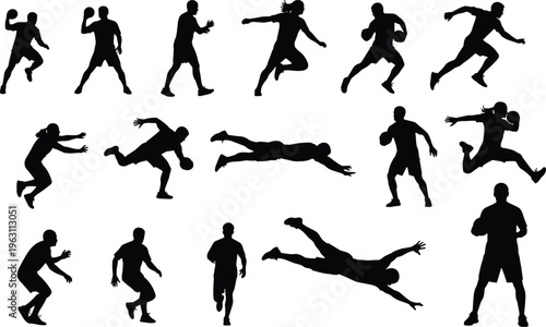 Athlete silhouettes collection featuring running jumping diving catching and throwing actions dynamic sports poses vector illustration isolated on white background